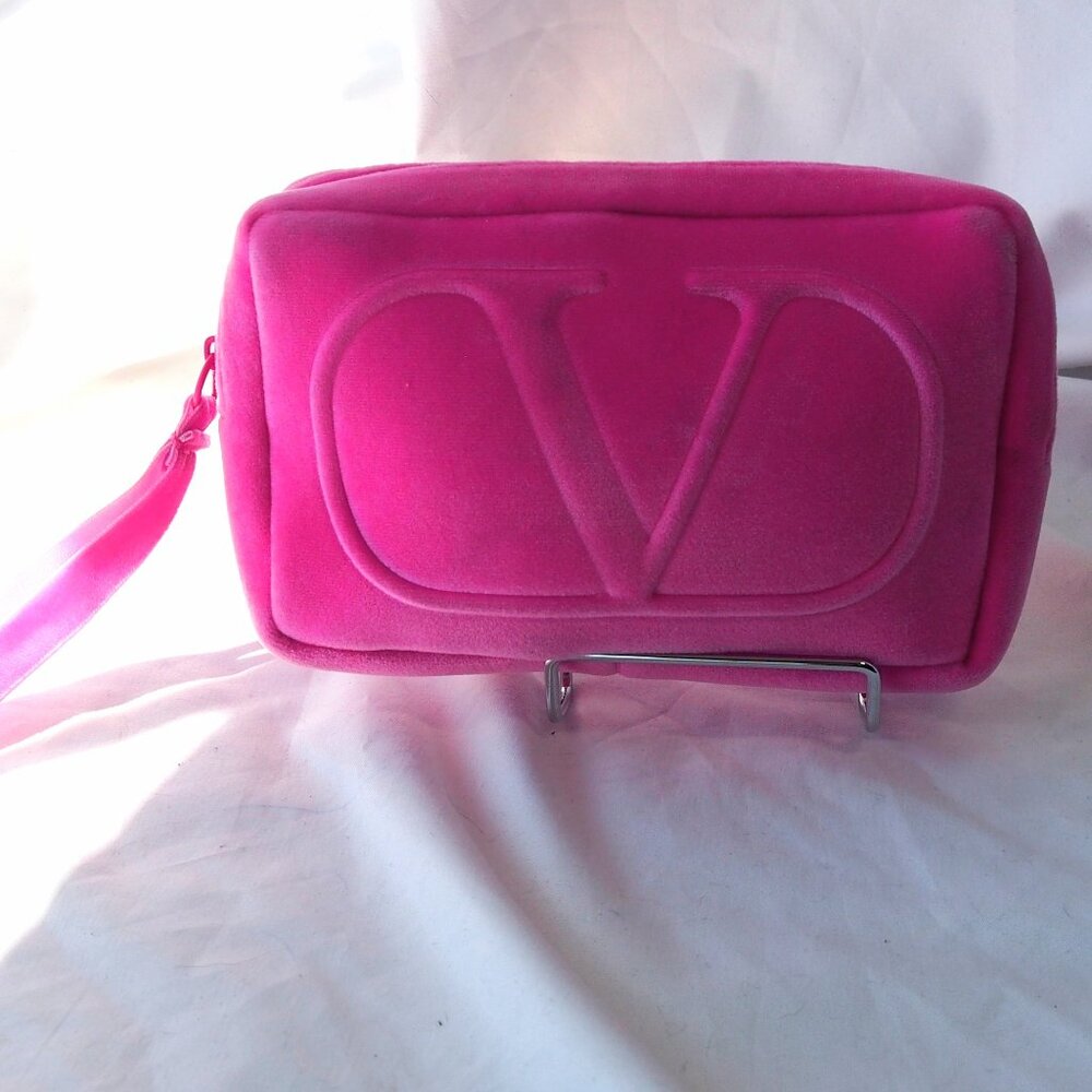 Valentino Embossed Logo Soft Pink Beauty Pouch, Travel Bag,Plush Wristlet Clutch